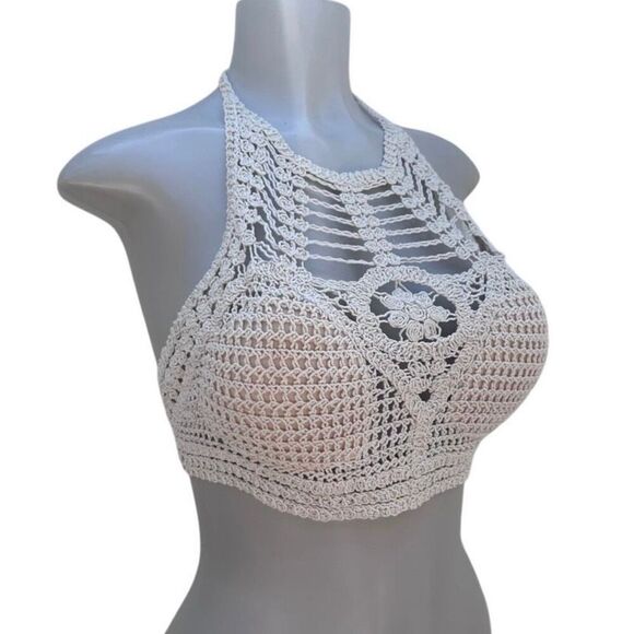 Rebellion Again Crop Top Women's Medium Ecru Crochet Macrame Halter Tie Boho - Picture 3 of 15